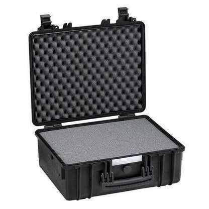 The Explorer 4419 is a black hard-shell waterproof case, shown open with foam padding and corrosion-proof hinges, designed for the safe storage and transport of items.