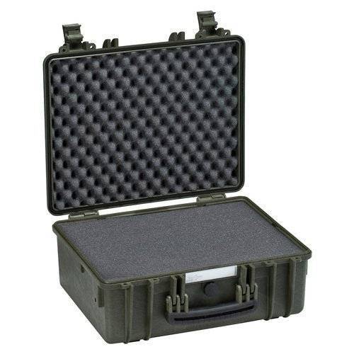 The Explorer 4419 is a hard-shell waterproof case with an open lid, egg-crate foam interior, secure latches on the edges, and corrosion-proof hinges for lasting protection.
