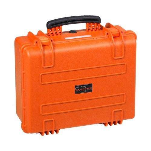 The Explorer 4820 is a bright orange hard plastic carrying case with a black handle, secure latches, a rectangular front logo, and a manual pressure release valve for added security.