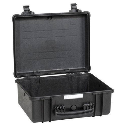 The Explorer 4820 is a black waterproof hard-shell case featuring an open hinged lid, two latches, a manual pressure release valve, a front handle, and an empty interior for secure, corrosion-proof protection of your valuables.