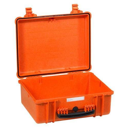 The Explorer 4820 is an open, empty orange hard plastic waterproof case with latches, a black handle, and a manual pressure release valve for secure and reliable protection.