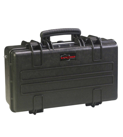 The Explorer 5117 is a black hard-shell waterproof case with a handle, secure latches, red Explorer logo on the front, and foam interior for protecting valuables.