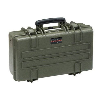 The Explorer 5117 is an olive-green waterproof hard case with a black handle, secure latches, and a pressure release valve. The Explorer Cases logo appears on the front.