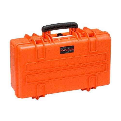 The Explorer 5117 is a hard, orange waterproof case with a black handle and latches, a rectangular front label, and a foam interior for protecting contents.