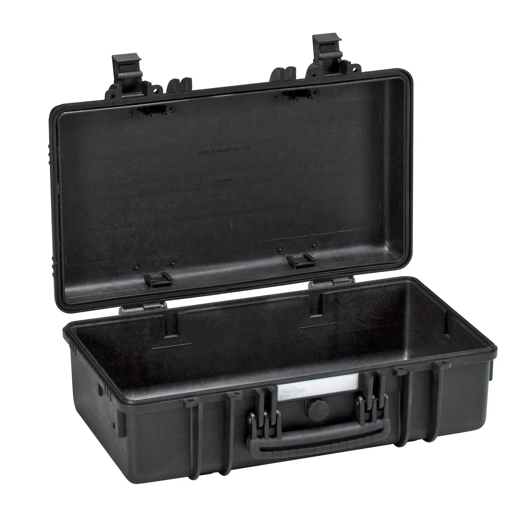 The Explorer 5117 is a black hard plastic waterproof case with an open hinged lid, side latches, a sturdy carrying handle, and a pressure release valve, shown empty on a white background.