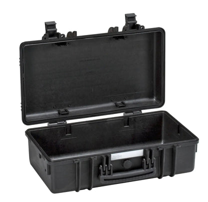The Explorer 5117 is a black hard plastic waterproof case with an open hinged lid, side latches, a sturdy carrying handle, and a pressure release valve, shown empty on a white background.