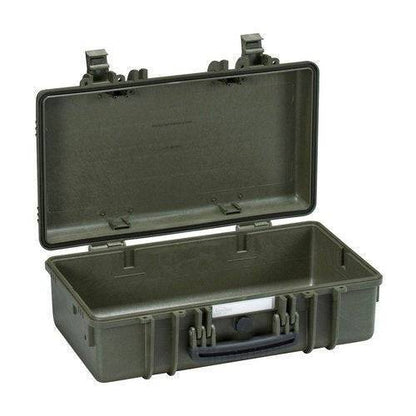 The Explorer 5117 is a green, hard plastic waterproof case with an open lid, secure latches, a pressure release valve, and a black handle, displaying its empty interior.