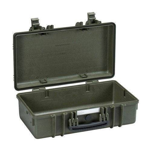 The Explorer 5117 is a green, hard plastic waterproof case with an open lid, secure latches, a pressure release valve, and a black handle, displaying its empty interior.
