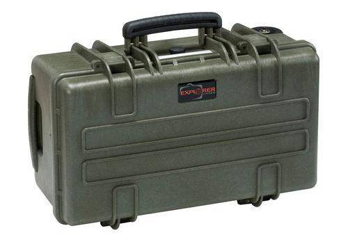 The Explorer 5122 is a hard-shell, olive green carrying case with a black handle and foam interior, labeled "Explorer" on the side for secure storage and transport.