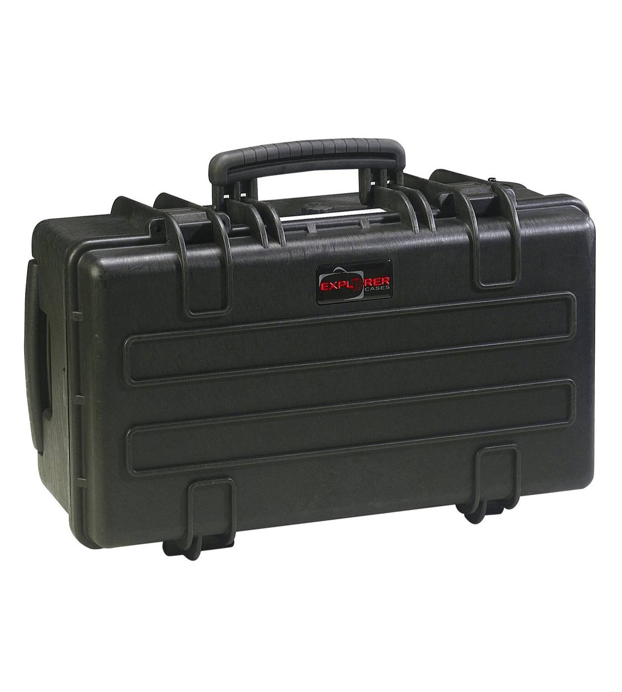 The Explorer 5122 is a black hard-shell waterproof case featuring a foam interior, handle, secure latches, and "Explorer" printed on the front.