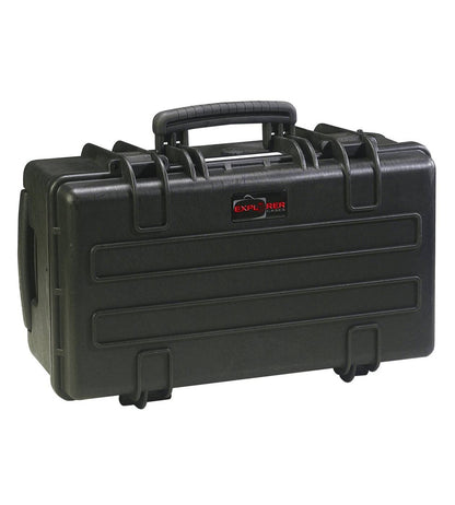 The Explorer 5122 is a black hard-shell waterproof case featuring a foam interior, handle, secure latches, and "Explorer" printed on the front.