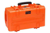 The Explorer 5122 is an orange hard plastic carrying case with a black handle, secure latches, and a pressure release valve.