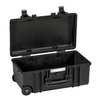 The Explorer 5122 is a black hard plastic waterproof case with a handle and two latches, shown open and empty. It features a pressure release valve for added protection.