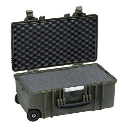 The Explorer 5122 is a durable waterproof case with foam interior, sturdy handle, wheels, an open hinged lid, and a pressure release valve for added protection.