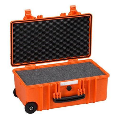 The Explorer 5122 is an open orange waterproof case featuring a foam interior, black handle, pressure release valve, and two wheels on the bottom corner.
