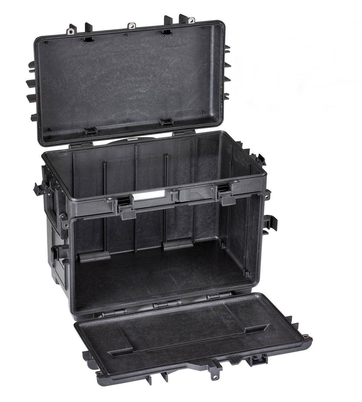 The Explorer 5140 is a black, hard polypropylene case with open top and front lids, revealing an empty interior and reinforced edges for enhanced durability.