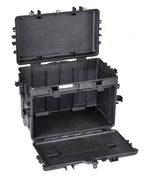 The Explorer 5140 is a black, hard polypropylene case with open top and front lids, revealing an empty interior and reinforced edges for enhanced durability.