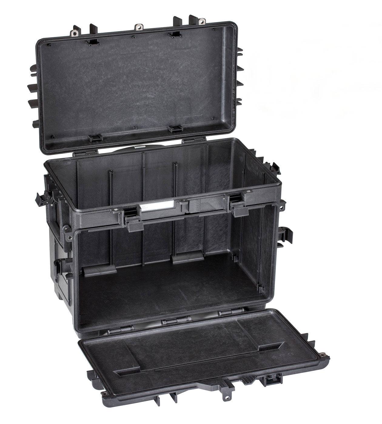 The Explorer 5140 is a black, hard polypropylene case with open top and front lids, revealing an empty interior and reinforced edges for enhanced durability.