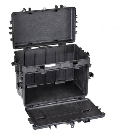 The Explorer 5140 is a black, hard polypropylene case with open top and front lids, revealing an empty interior and reinforced edges for enhanced durability.