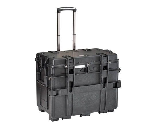 The Explorer 5140 is a black polypropylene hard-shell case with a telescopic handle, reinforced edges, and secure latches—ideal as a rolling tool case for safe equipment transport and protection.