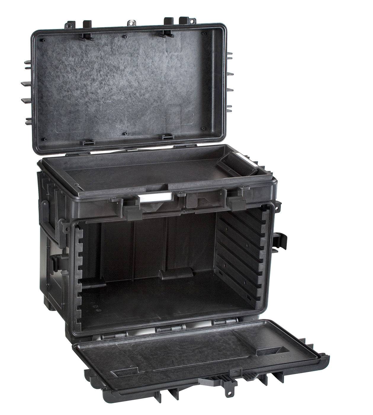 The Explorer 5140 is a black hard polypropylene tool case featuring top and front lids that open to reveal an empty interior with grooved sides for adjustable dividers.