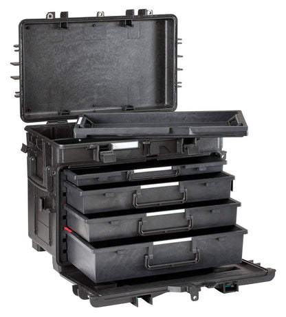 The Explorer 5140 is a black polypropylene tool case with a hard shell, open lid, four pull-out drawers, and a removable tray for organized storage.