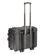 The Explorer 5140 is a hard-shell black polypropylene case with an extended telescopic handle and two wheels, designed for secure and easy transport of equipment.