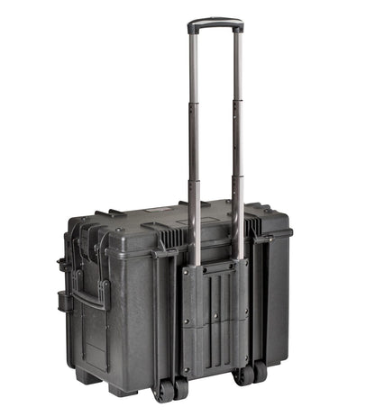 The Explorer 5140 is a hard-shell black polypropylene case with an extended telescopic handle and two wheels, designed for secure and easy transport of equipment.