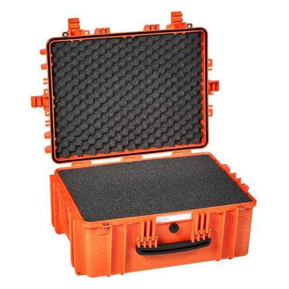 The Explorer 5325 is an open orange waterproof case with foam padding, a black handle, edge latches, and corrosion-proof hinges for durability.