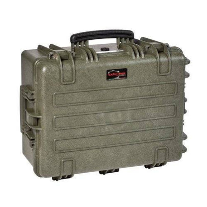 Green Explorer 5325 hard-shell waterproof case with black handle, secure latches, corrosion-proof hinges, reinforced corners, and SKB Explorer Cases label on the front.