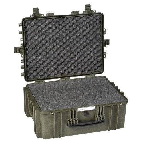 The Explorer 5325 is a hard plastic waterproof case with a handle, shown open to display a custom foam interior for cushioning and corrosion-proof hinges for enhanced durability.