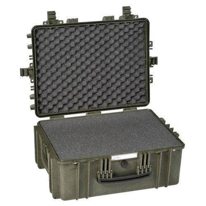 The Explorer 5325 is a hard plastic waterproof case with a handle, shown open to display a custom foam interior for cushioning and corrosion-proof hinges for enhanced durability.
