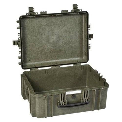 The Explorer 5325 is a sturdy, olive green waterproof case with corrosion-proof hinges, shown open to reveal an empty interior and a black carrying handle on the front.