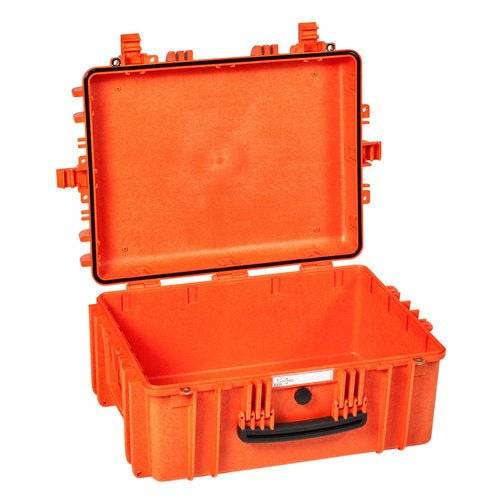 The Explorer 5325 is an open, empty orange waterproof case featuring corrosion-proof hinges, a black handle, and secure latches.