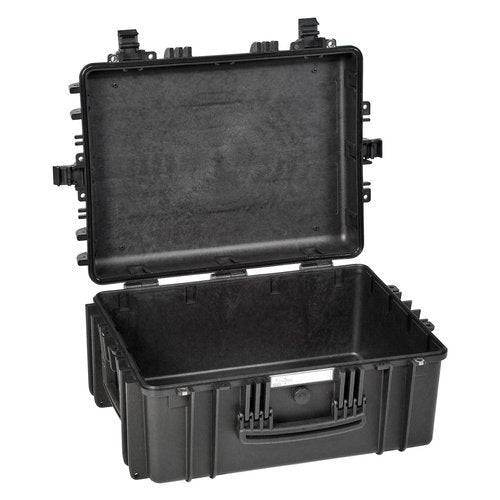 The Explorer 5325 is a black hard plastic waterproof case with the lid open, corrosion-proof hinges and side latches for secure closure, and an empty interior ready for a custom foam insert.