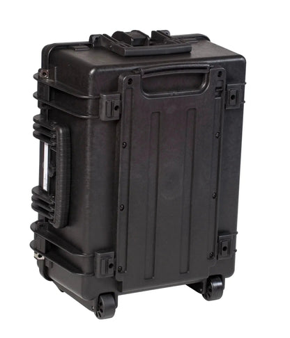The Explorer 5326 is a black hard-shell rolling waterproof case with reinforced corners, corrosion-proof hinges, a top handle, and front latches, shown upright on its wheels.