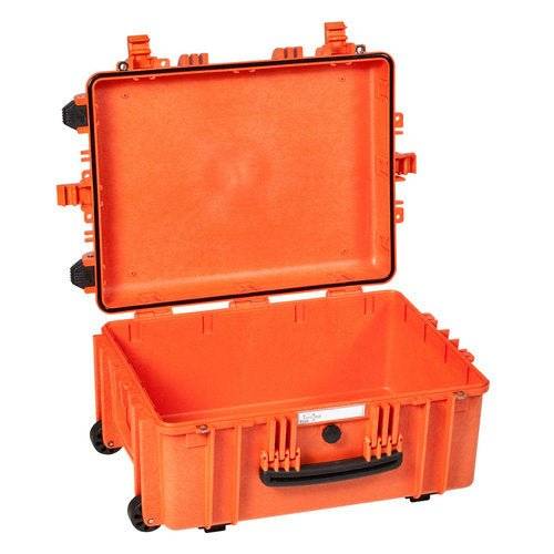 The Explorer 5326 is an open, empty orange hard-shell waterproof case featuring a black handle, corrosion-proof hinges, latches, and wheels.