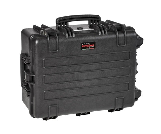 The Explorer 5326 is a black hard-shell waterproof case featuring a handle, side latches, corrosion-proof hinges, and a red Explorer logo on the front.