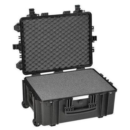 The Explorer 5326 is a black hard-shell waterproof case with an open lid, egg-crate foam padding, corrosion-proof hinges, and a front handle.