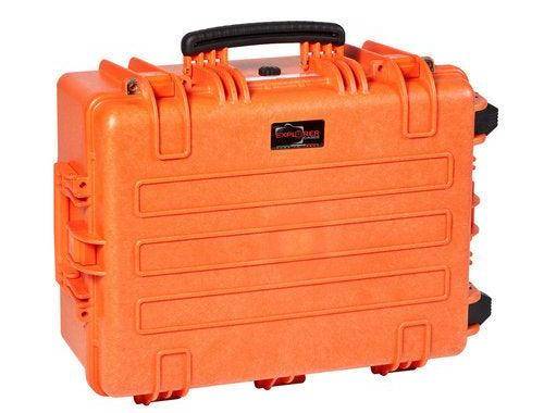 The Explorer 5326 is an orange, hard-shell waterproof case with corrosion-proof hinges, a black handle, reinforced corners, secure latches, and a rectangular label on the front.