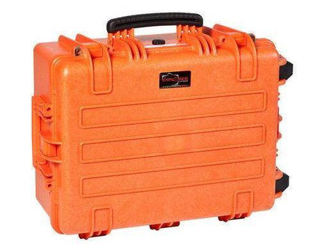 The Explorer 5326 is an orange, hard-shell waterproof case with corrosion-proof hinges, a black handle, reinforced corners, secure latches, and a rectangular label on the front.