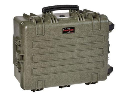 The Explorer 5326 is a rugged olive green waterproof case with a black handle, corrosion-proof hinges, secure latches, and "Explorer Cases" labeled on the front.