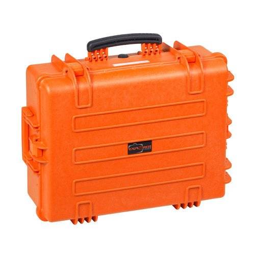 The Explorer 5822 is a bright orange hard plastic waterproof case with a black handle, latches, and reinforced corners, shown closed and standing upright.