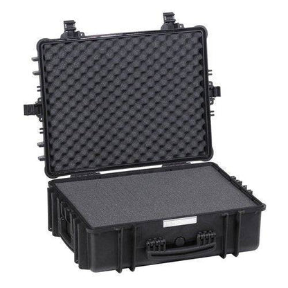 The Explorer 5822 is a black hard-shell waterproof case featuring foam padding, shown open with the lid upright and the empty foam interior visible.