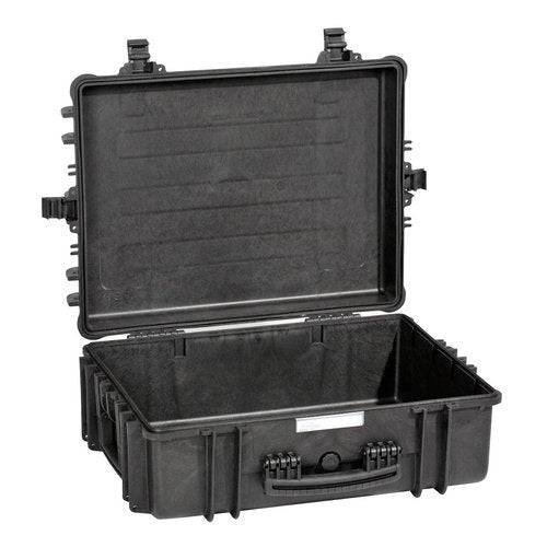 An Explorer 5822 black hard-shell waterproof case is open, showing its empty interior, hinged lid with secure latches, and carrying handle.
