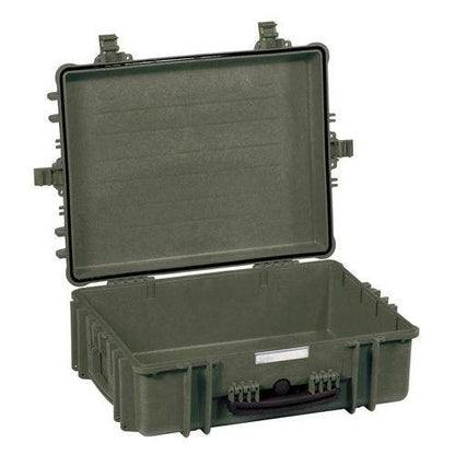 The Explorer 5822 is a durable, hard-shell olive green waterproof case, shown with its lid open to reveal an empty interior and secure latches.