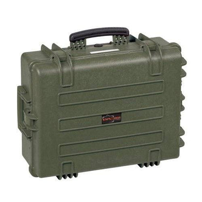 The Explorer 5822 is a sturdy olive green waterproof case with a black handle, secure latches, and a ridged exterior for durability. Its foam interior keeps sensitive gear protected.