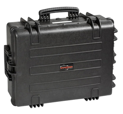 The Explorer 5822 is a black hard-shell waterproof case with a handle, secure latches, a foam interior, and "Explorer Cases" labeled on the front.