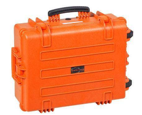 The Explorer 5823 is a bright orange hard plastic waterproof case with a black handle, secure latches, and foam interior, ideal for safely transporting sensitive equipment.