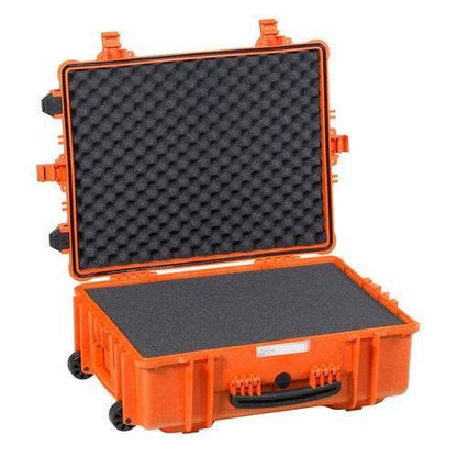 The Explorer 5823 is an open orange waterproof case featuring a foam interior, hard-shell protection, sturdy handle, and black latches.